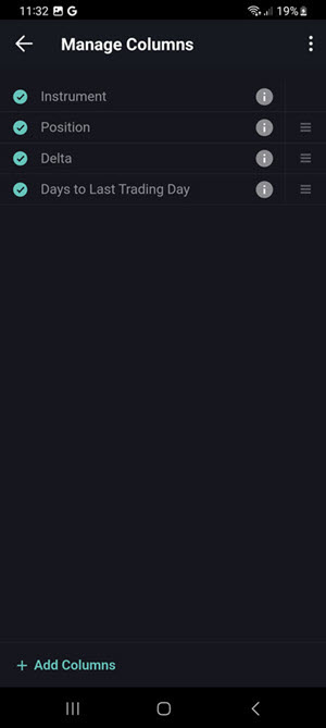 The manage columns on the Android phone. 
